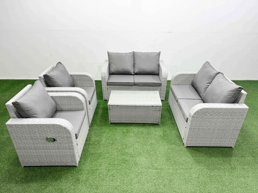 Click to view product details and reviews for Fimous 6 Seater Outdoor Reclining Chair Love Sofa Set Rattan Garden Furniture Set With Rectangular Coffee Table Light Grey.