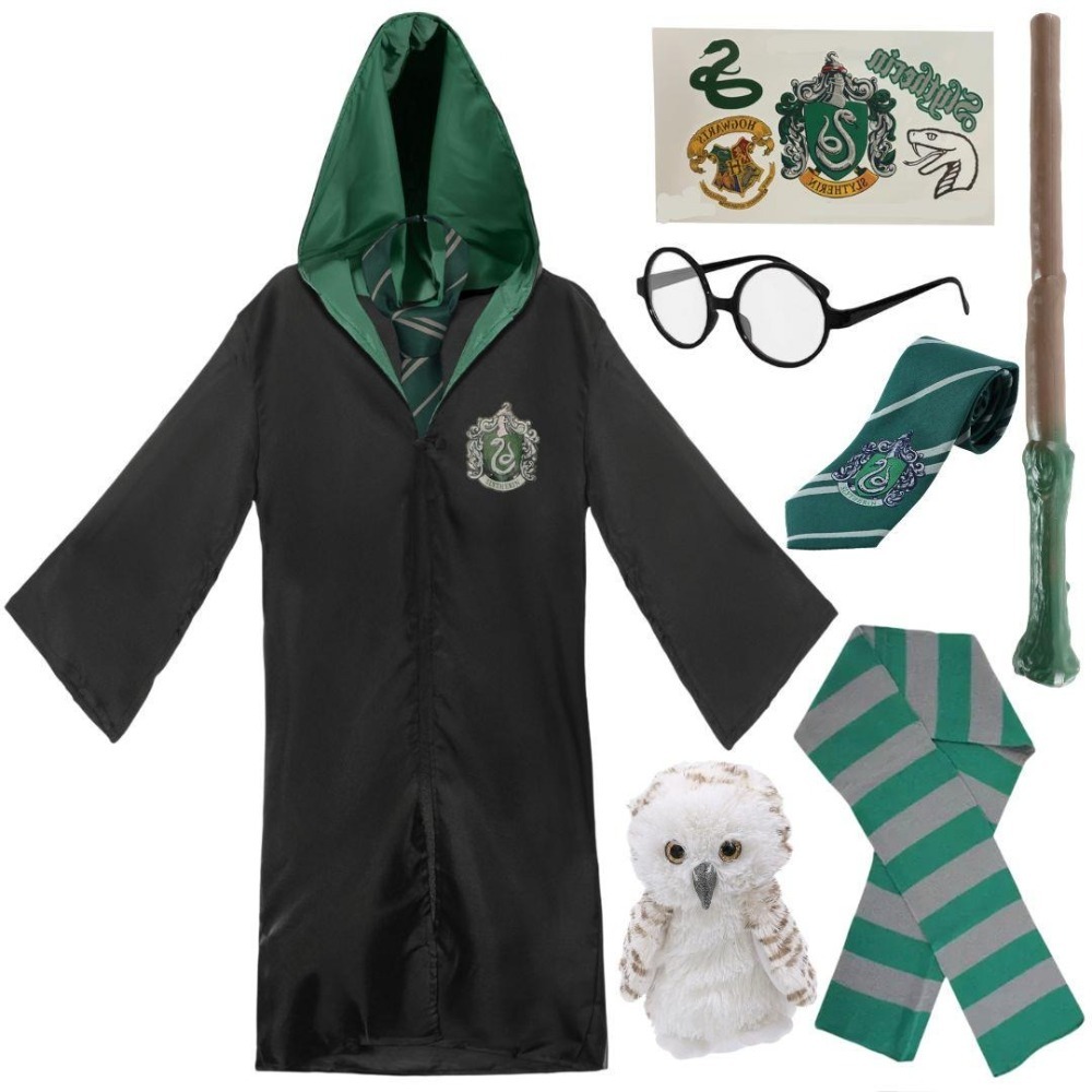 Click to view product details and reviews for Adults Harry Potter Costume 7 Pcs Slytherin Cloak Tie Tattoos Wand Glasses Scarf Owl Large.