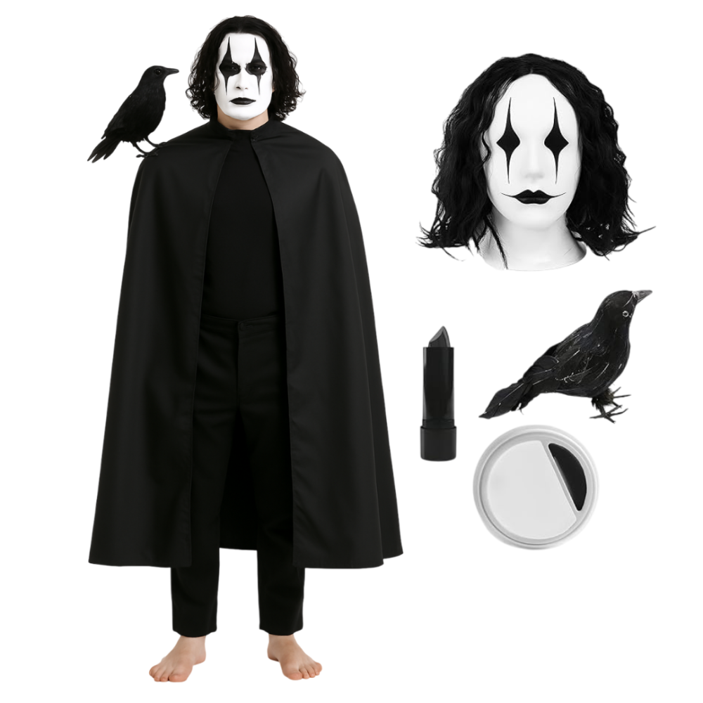 Click to view product details and reviews for Adults The Crow Costume Set 5 Pcs Cape Wig Crow Lipstick Face Paint.