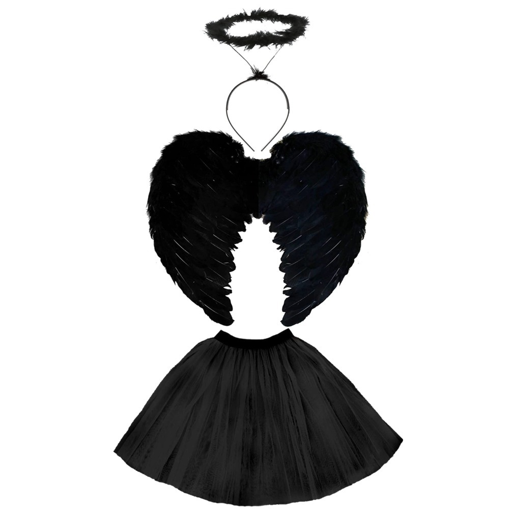 Ladies Dark Angel Costume | 3 Pcs | Black Tutu, Feather Wings & Halo