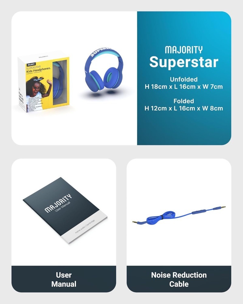 Majority Superstar Blue Kids Headphones | Volume Limited | Foldable | Share-Port | 3.5mm Cable