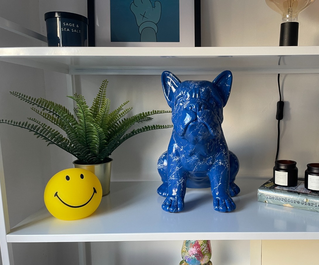 Blue Marble Graffiti Handpainted Custom Painted British Bulldog Dog Sculpture Ornament Large Art Piece Dog Statue Indoor Garden Resin