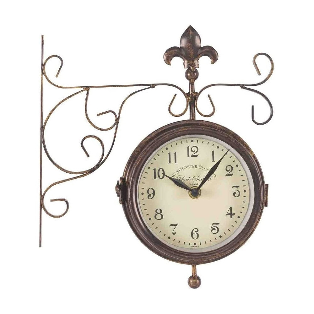 Brass Effect Station Clock & Thermometer Wall Mounted Outdoor Garden Accessory
