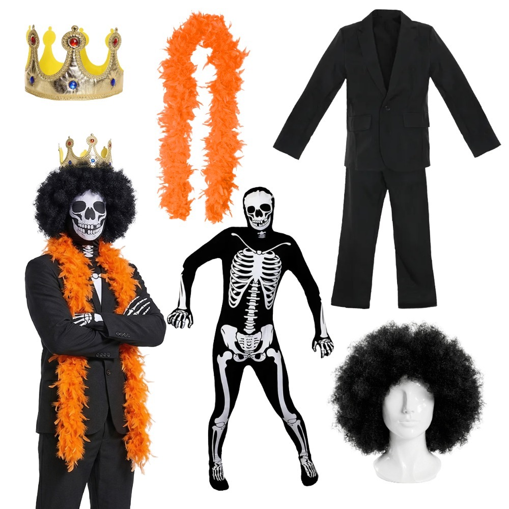 Click to view product details and reviews for Adults Skeleton Soul King Costume 6 Pcs Skeleton Skinsuit Blazer Trousers Wig Crown Feather Boa Large.