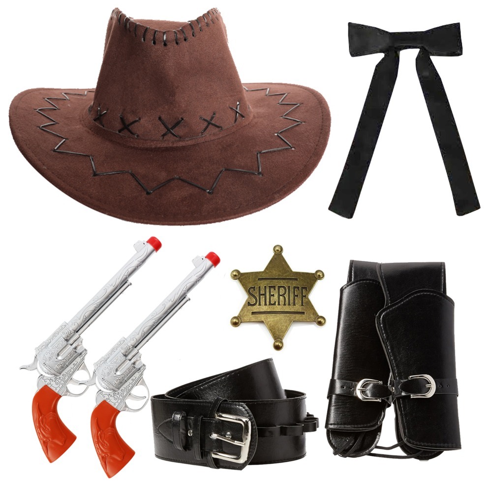 Click to view product details and reviews for Adults Sheriff Accessory Set 5 Pcs Brown Suede Hat Plastic Pistols Gun Holster Gold Badge Western Tie Standard.