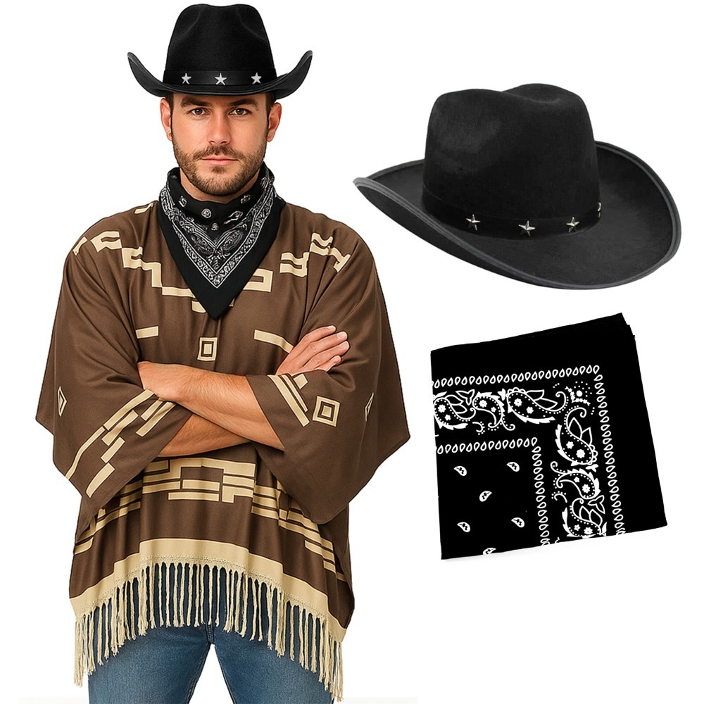 Click to view product details and reviews for Adults Wild Western Costume 3 Pcs Brown Poncho Black Bandana Black Star Studded Cowboy Hat.