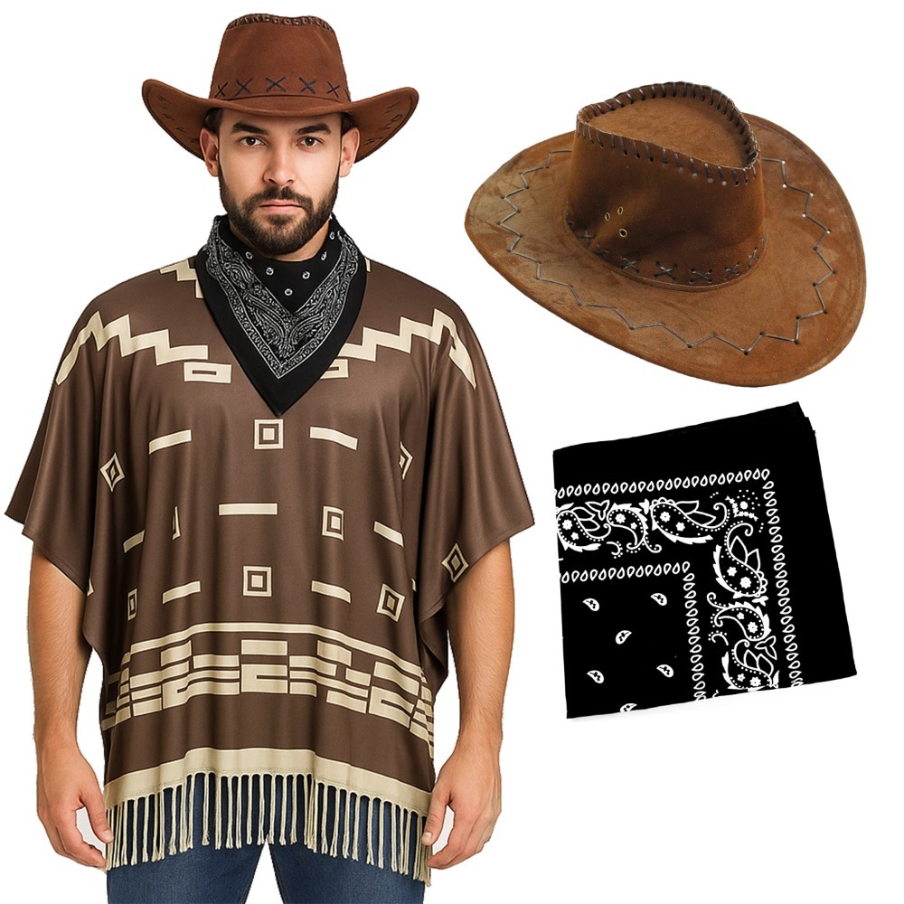 Click to view product details and reviews for Adults Wild Western Costume 3 Pcs Brown Poncho Black Bandana Brown Suede Cowboy Hat.