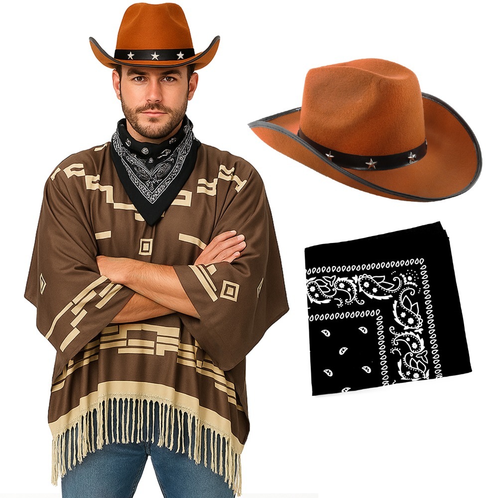 Click to view product details and reviews for Adults Wild Western Costume 3 Pcs Brown Poncho Black Bandana Brown Star Studded Cowboy Hat.