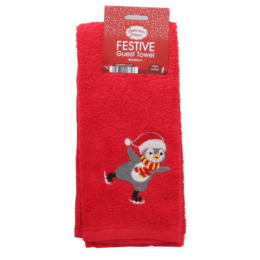 Click to view product details and reviews for Red Festive Guest Hand Towel Embroidered 100 Cotton 40x60cm Penguin.