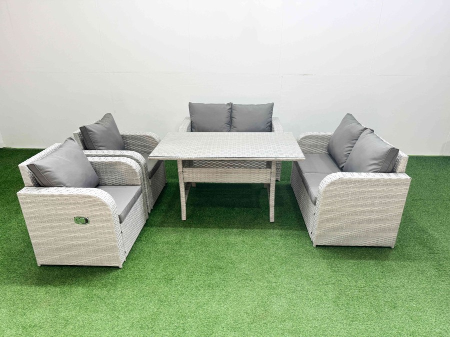 Click to view product details and reviews for Fimous 6 Seater Outdoor Reclining Chair Love Sofa Set Rattan Garden Furniture Set With Rectangular Dining Table Light Grey.
