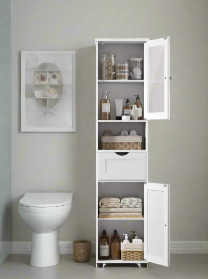 Click to view product details and reviews for Free Standing Tall Bathroom Cabinet With Drawer Glass Door Open Shelf Cloud White.