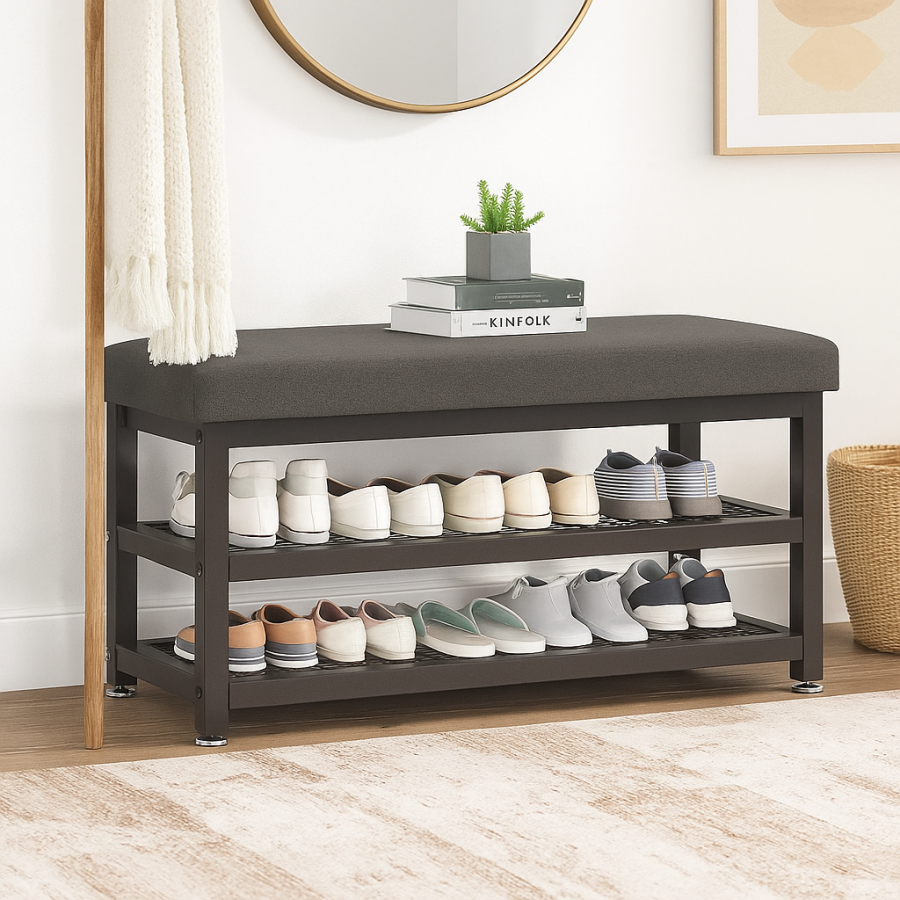 Click to view product details and reviews for 2 Tier Shoe Bench With Padded Cushion – Shoe Rack Storage Organizer With Adjustable Feet.