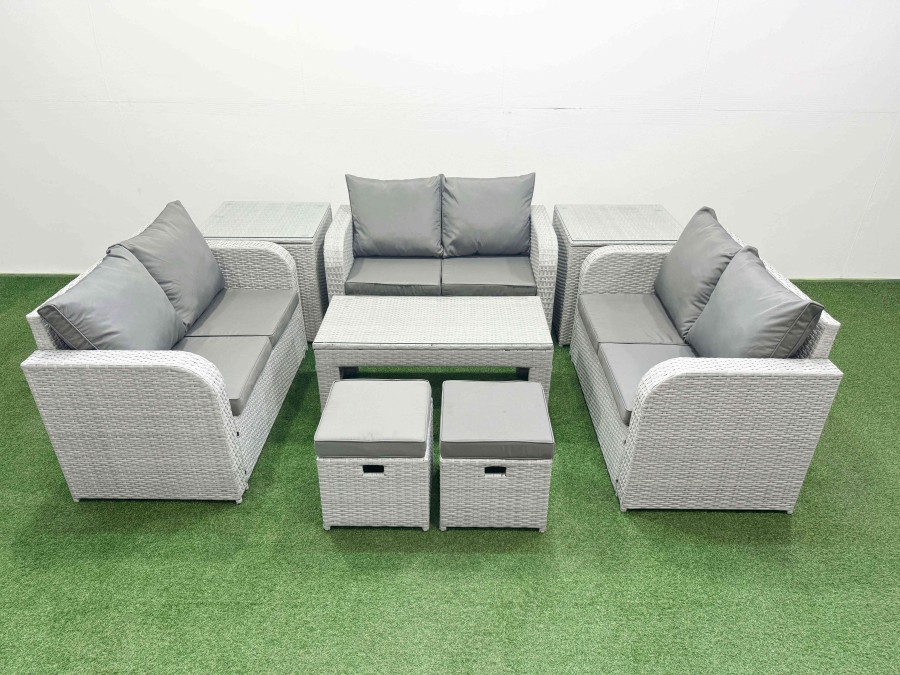 Click to view product details and reviews for Fimous 8 Seater Pe Wicker Rattan Furniture Sofa Sets With Oblong Coffee Table 2 Seater Love Sofa 2 Stool 2 Side Table Light Grey.