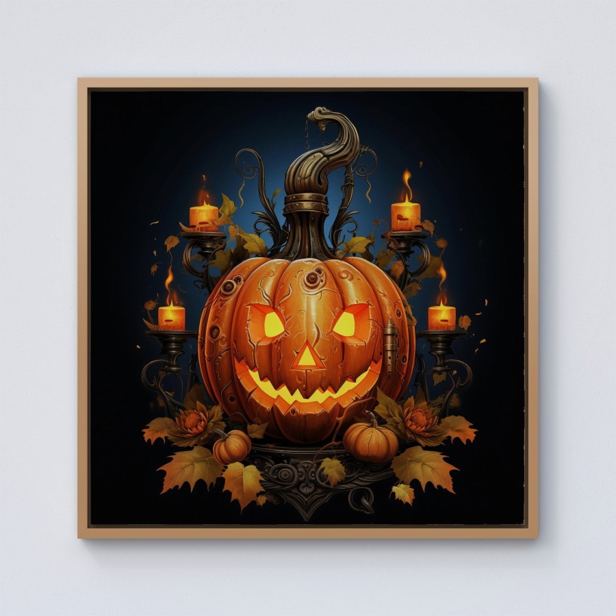 Click to view product details and reviews for Spooky Pumpkin With Leaves And Small Candles Framed Canvas 10 X 10 Pine.