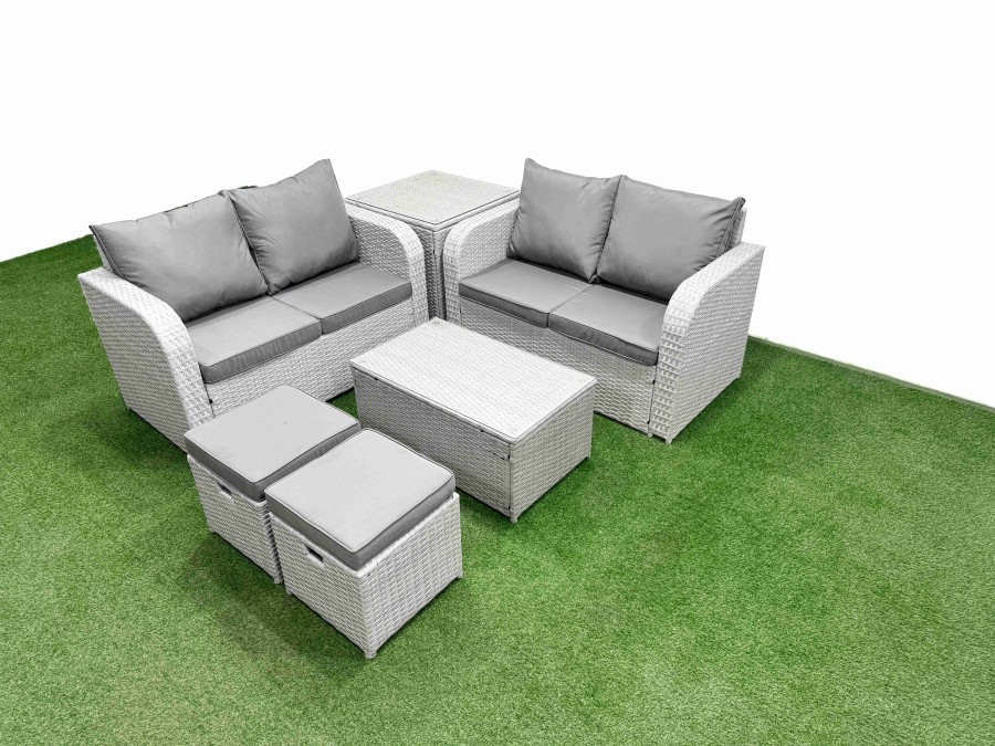 Click to view product details and reviews for Fimous 6 Seater Outdoor Love Sofa Set Rattan Garden Furniture Set With Rectangular Coffee Table 2 Small Stools Side Table Light Grey.