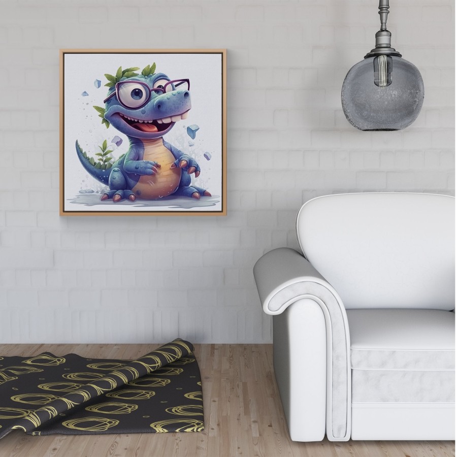 Click to view product details and reviews for Happy Dinosaur With Glasses Framed Canvas 30 X 30 White.