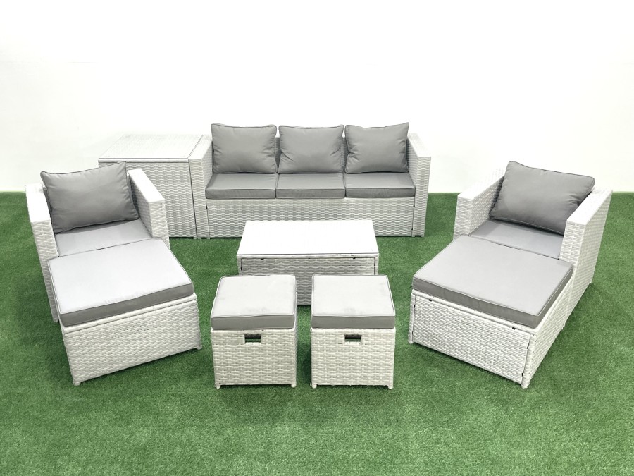 Click to view product details and reviews for Fimous 9 Pieces Rattan Garden Furniture Set Outdoor Garden Sofa Chair Coffee Table Set With Side Table 4 Footstools Light Grey Mixed.
