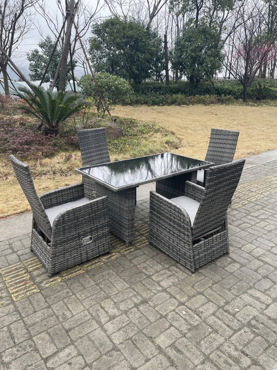 Click to view product details and reviews for Fimous Dark Grey Mixed Outdoor Pe Wicker Rattan Garden Furniture Reclining Chair And Table Dining Sets 4 Seater Rectangular Black Tempered Table.
