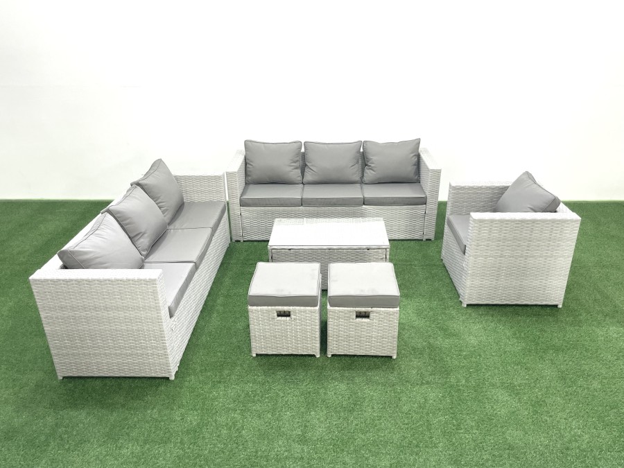Click to view product details and reviews for Fimous Wicker Pe Rattan Sofa Garden Furniture Set With Armchair Oblong Coffee Table 2 Small Footstools Light Grey Mixed.