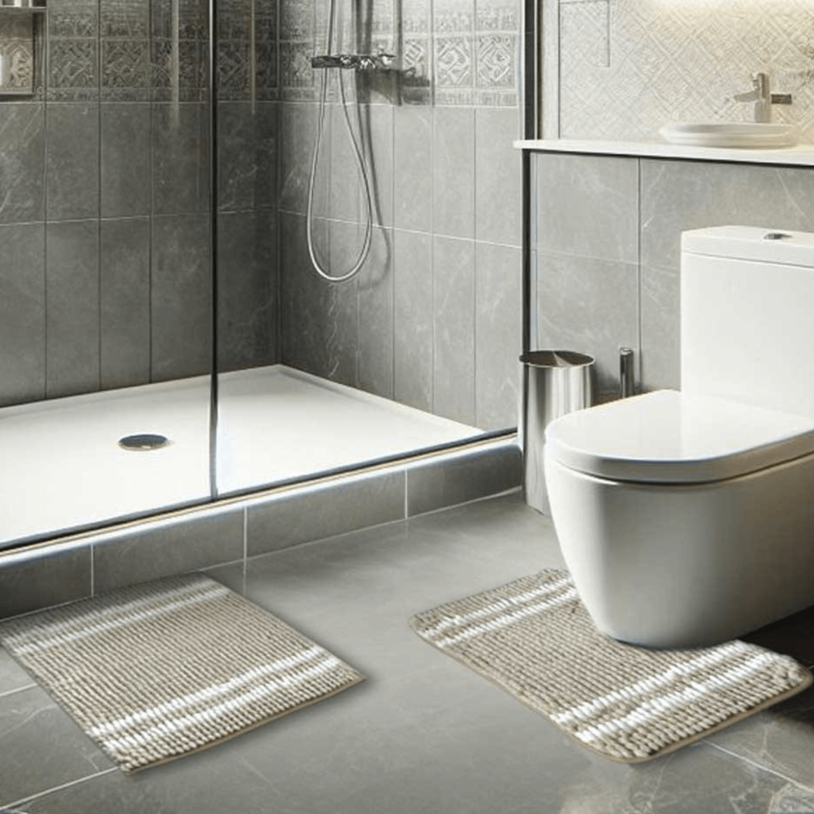 Step Out Shower Pedestal Mat Chenille Stripe 2pc Set Bathroom