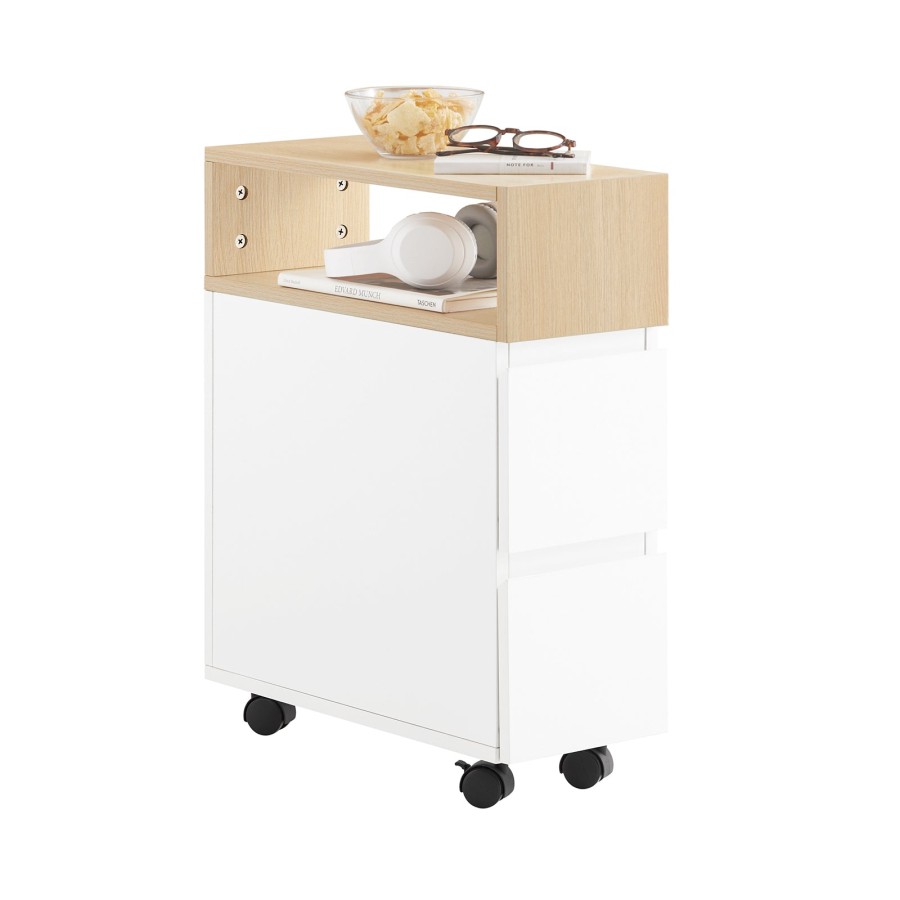 Click to view product details and reviews for Sobuy Fbt155 Wn Slim Rolling Side Table With 2 Drawers Bedside Table With Wheels For Small Spaces Narrow Wheeled Nightstand For Bedroom Living Room.