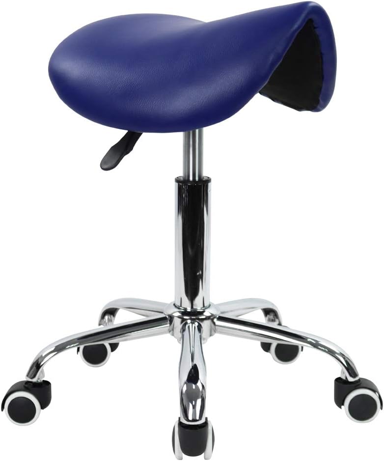 Adjustable PU Leather Rolling Saddle Stool Blue
