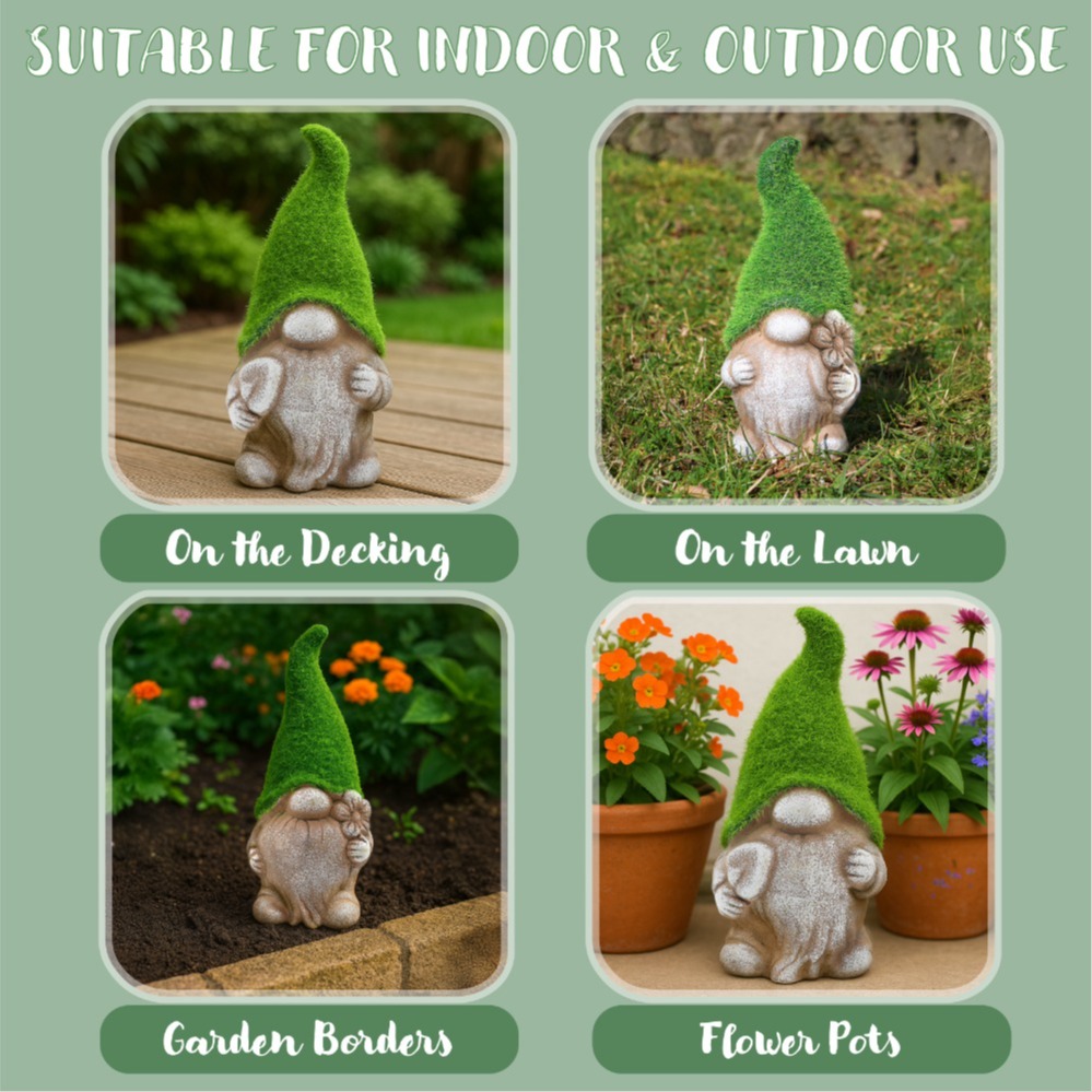 Pack of 2 Flower & Spade - 18cm Flock Grass Garden Gonk Gnome Ceramic Outdoor Ornament Statue Decoration