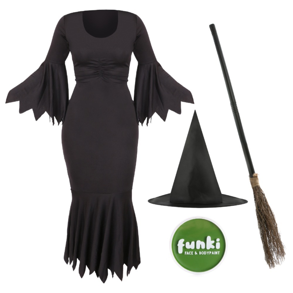 Click to view product details and reviews for Ladies Witch Costume Dress Hat Broom Green Face Paint Large.