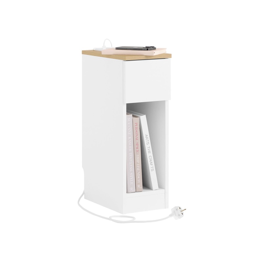 SoBuy FBT111-E-WN-UK Slim Bedside Table with Charging Station Narrow Side Table Nightstand with a Standard Outlet, a USB Port and a Type-C Port for Bedroom Living Room White W20 x D35 x H60cm