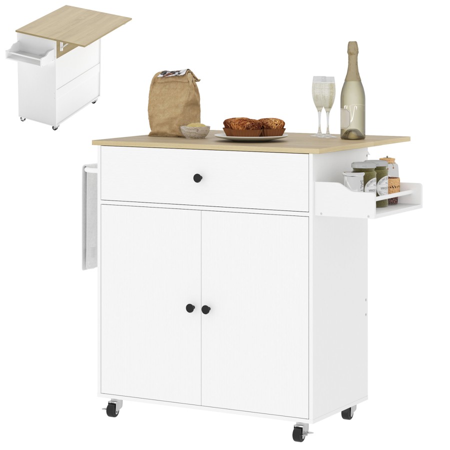 Click to view product details and reviews for Homcom Kitchen Island With Drop Leaf Rolling Kitchen Storage Trolley On Wheels With Drawer Spice Rack And Towel Rack Storage Cart With Adjustable S.