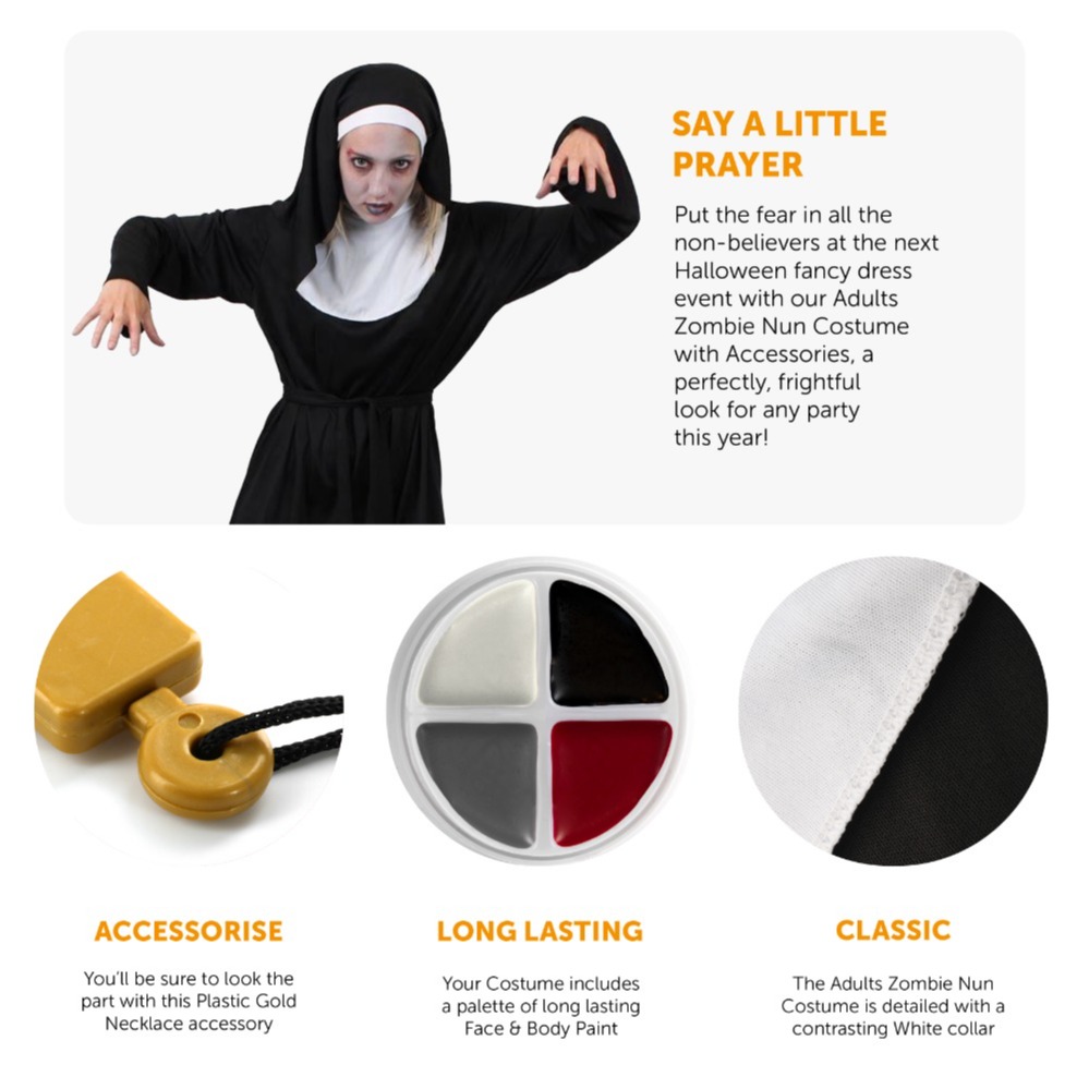 Adults Nun Zombie Costume with Bloody Tights & Cross Necklace