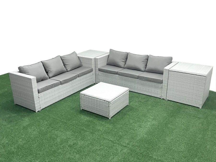 Click to view product details and reviews for Fimous Rattan Garden Outdoor Furniture Set 6 Seater Rattan Garden Sofa Set With 2 Side Tables Light Grey Mixed.