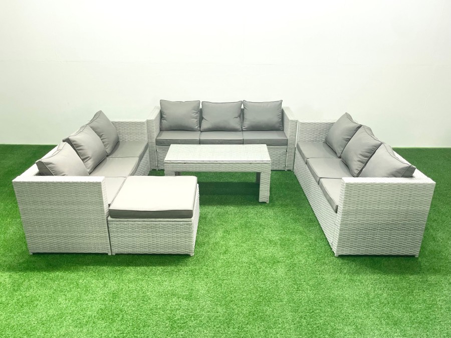 Click to view product details and reviews for Fimous Rattan Garden Outdoor Furniture Set 10 Seater Garden Sofa Oblong Coffee Table Set With Big Footstool Light Grey Mixed.