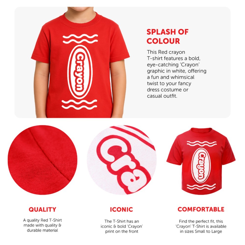 Girl's Red Crayon T-Shirt – Fun Kids Costume Top for Parties, Dress-Up & School Events