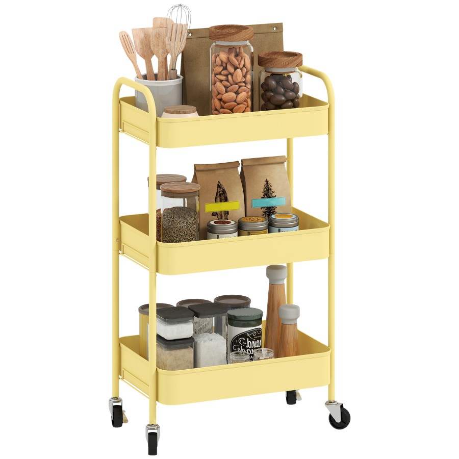 Click to view product details and reviews for Homcom 3 Tier Storage Trolley On Wheels Metal Storage Cart Rolling Ultility Cart With 3 Mesh Baskets For Living Room Kitchen Yellow.