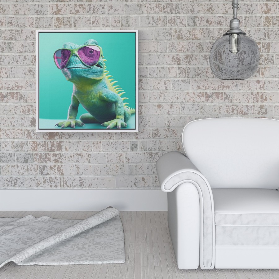 Click to view product details and reviews for Happy Splashart Iguana Wearing Glasses Framed Canvas 16 X 16 White.
