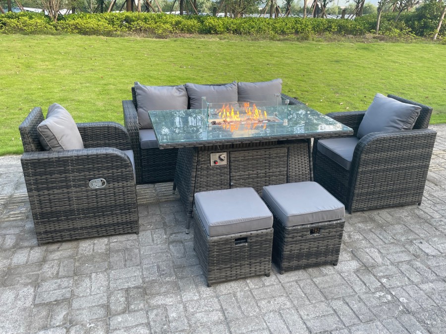 Click to view product details and reviews for Fimous Dark Mixed Grey Rattan Outdoor Garden Furniture Set Gas Fire Pit Table Gas Heater Dining Table Sets Lounge Sofa Recling Chairs Footstools 7 Sea.