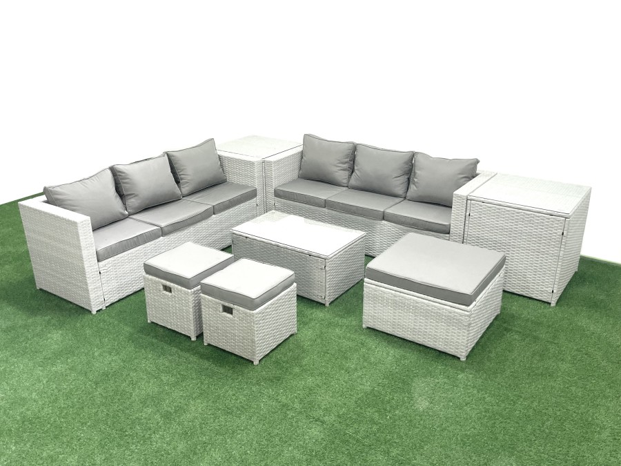 Click to view product details and reviews for Fimous Garden Outdoor Pe Rattan Furniture Set 9 Seater Rattan Garden Sofa Set With 3 Footstools 2 Side Tables Light Grey Mixed.