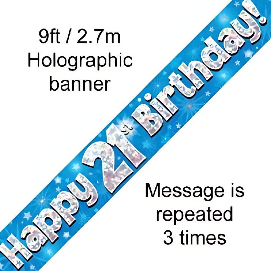 Click to view product details and reviews for 9ft Blue Holographic Happy 21st Birthday Banner.