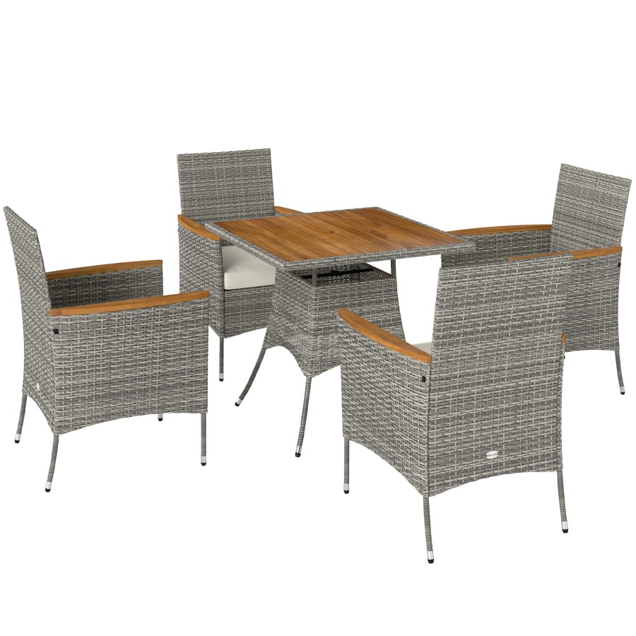 Click to view product details and reviews for Outsunny Rattan Dining Set 4 Seater Rattan Garden Furniture Set With 50mm Parasol Hole Outdoor Garden Table And Chairs With Cushions Slatted Wood T.