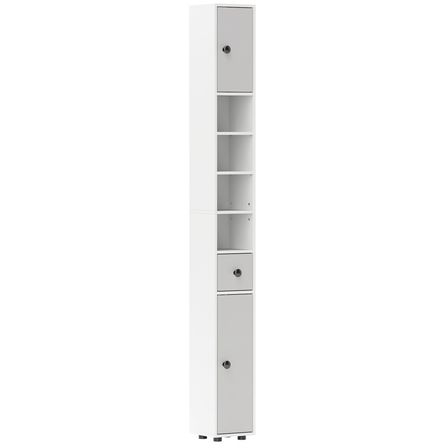 Click to view product details and reviews for Kleankin 180cm Tall Bathroom Cabinet Slim Bathroom Storage Cabinet With 4 Open Shelves 2 Door Cupboards And Adjustable Shelves Light Grey.