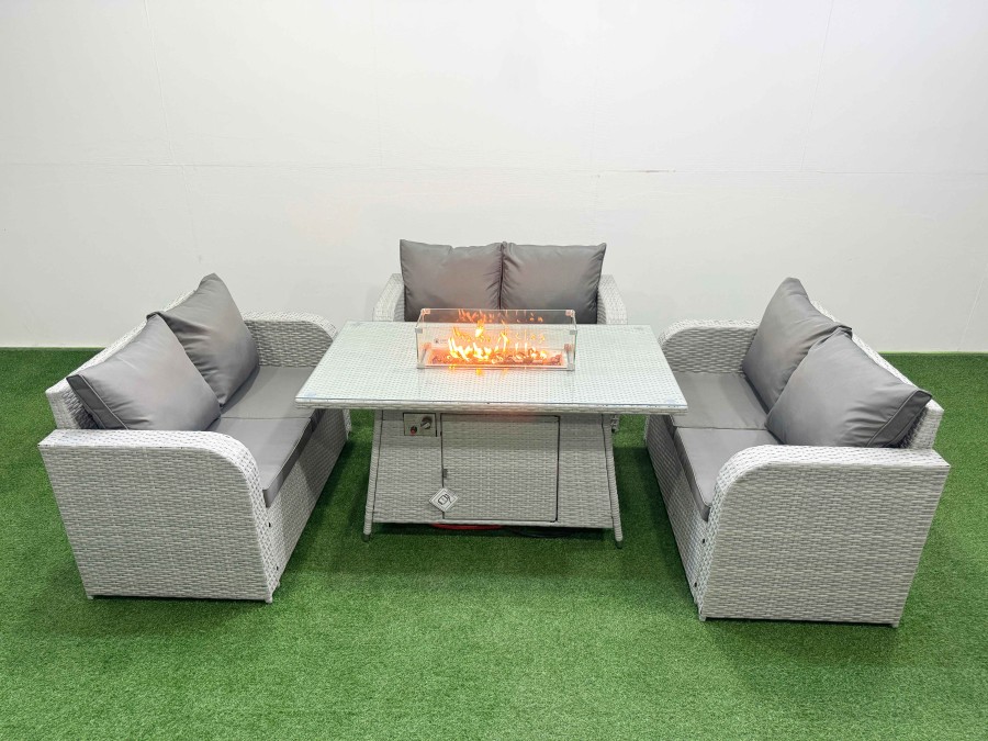 Click to view product details and reviews for Fimous 6 Seater Pe Wicker Rattan Furniture Sofa Sets With Firepit Dining Table 2 Seater Love Sofa Light Grey.