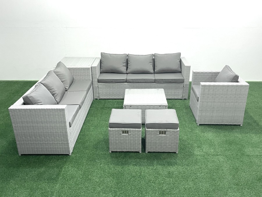 Click to view product details and reviews for Fimous Wicker Pe Rattan Sofa Garden Furniture Set With Armchair Square Coffee Table 2 Small Footstools Side Table Light Grey Mixed.