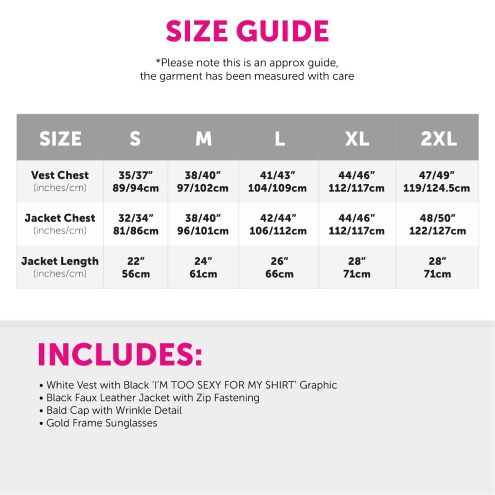 "I'm Too Sexy for My Shirt" Costume – White Vest, Bald Cap, Aviator Sunglasses & Leather Jacket (Adults)