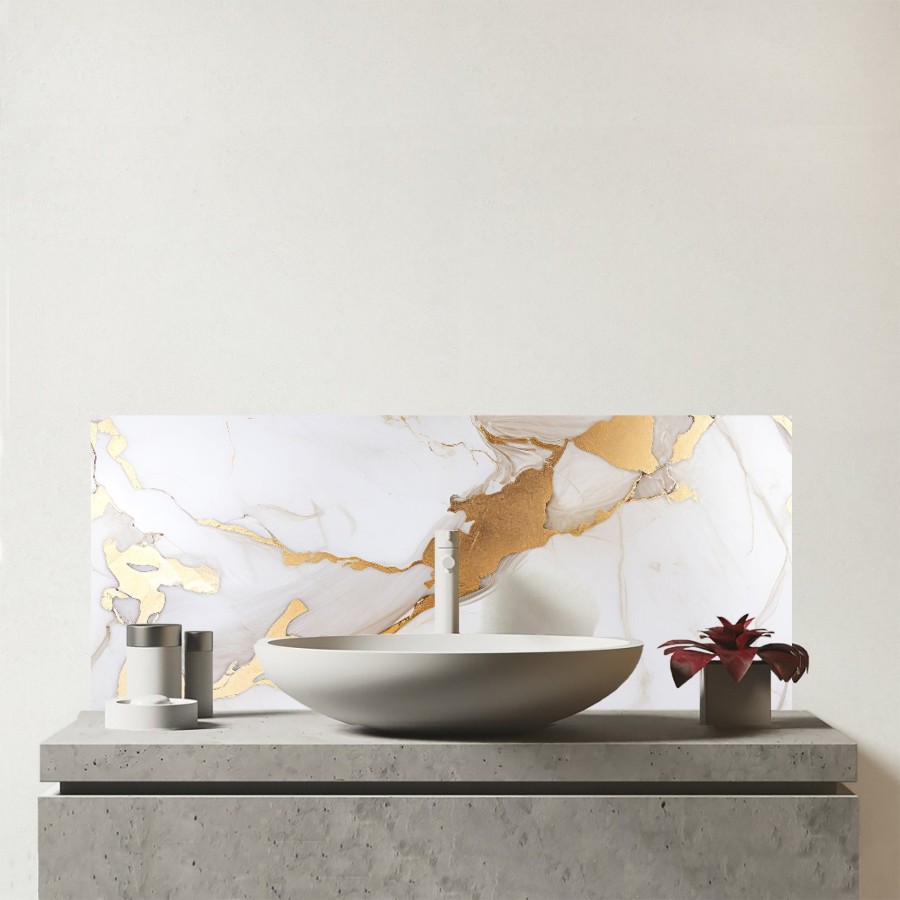 Click to view product details and reviews for White Marble With Gold Glass Bathroom Splashback.