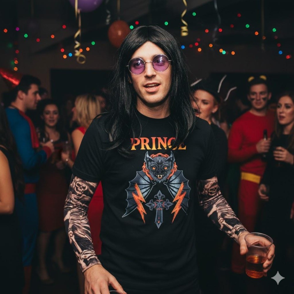 Prince of Darkness Costume | 5 Pcs | T-Shirt, Wig, Glasses & Cross Necklace