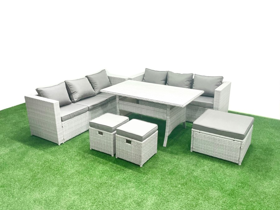 Click to view product details and reviews for Fimous Rattan Garden Furniture Set 9 Seater Outdoor Sofa Set With Dining Table 3 Footstools Light Grey Mixed.