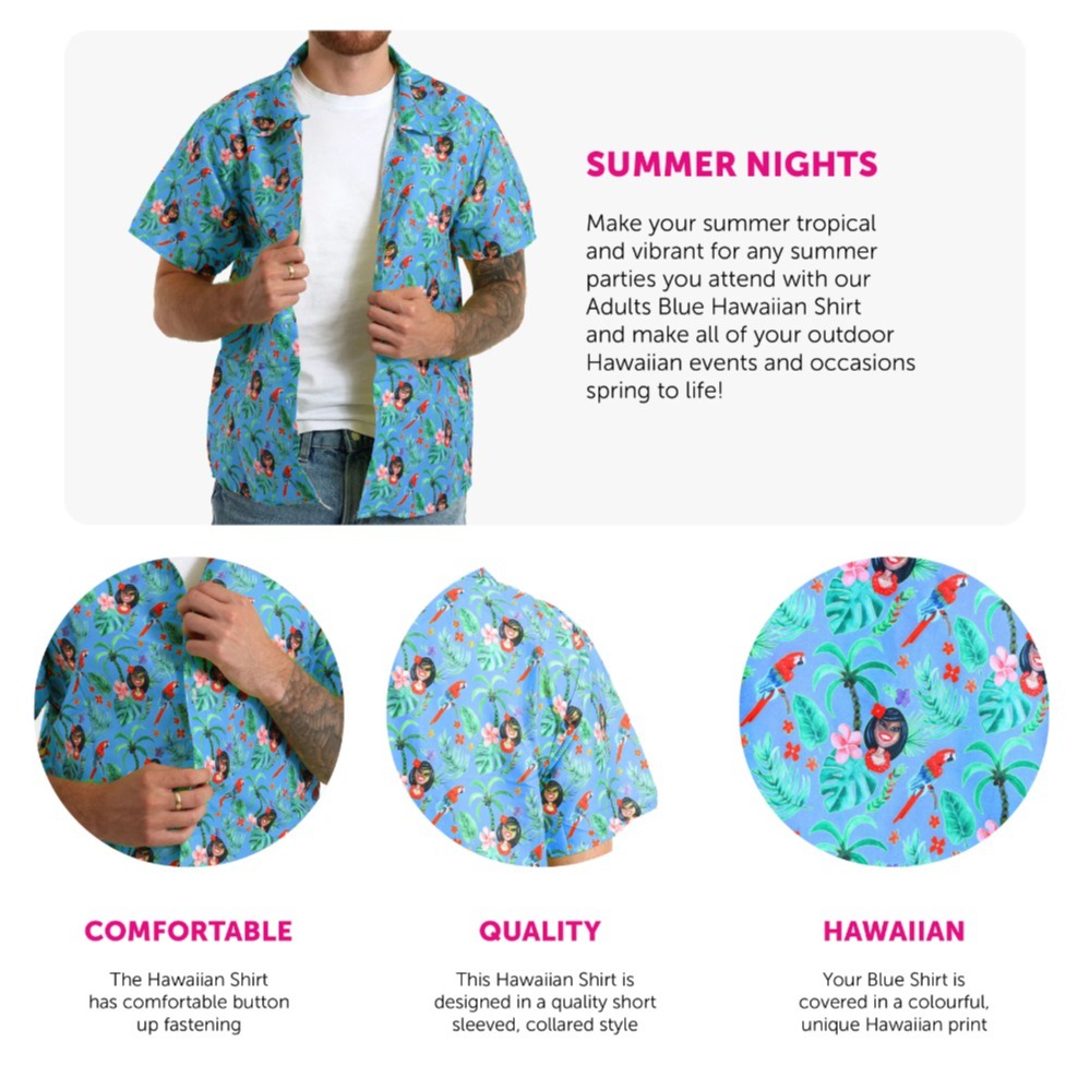 Adults Hawaiian Costume | 3 Pcs | Unisex Blue Hawaiian Print Shirt, Sailor Hat & Sunglasses
