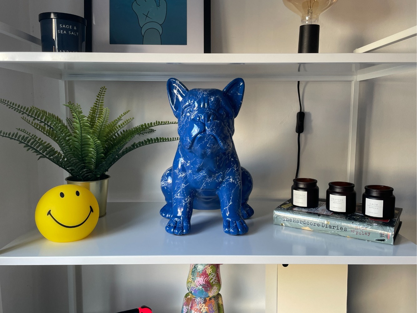 Blue Marble Graffiti Handpainted Custom Painted British Bulldog Dog Sculpture Ornament Large Art Piece Dog Statue Indoor Garden Resin