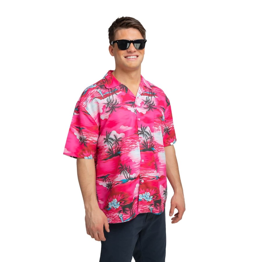 Mens Hawaii Shirt Pink Palm Trees Beach Party Fancy Dress